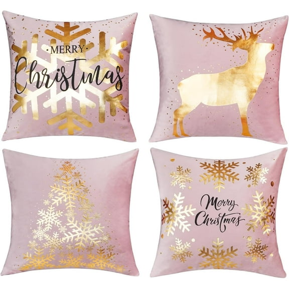 Pink Gold Christmas Decorations Throw Pillow Covers 16x16 Set of 4 Snowflakes Reindeer Decorative Cushion Cases Xmas Golden Decor for Couch Sofa Bedroom