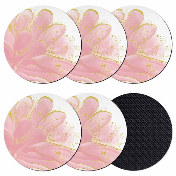 Pink Gold Coasters Set of 6,Soft Absorbent Coasters for Drinks,Boho Modern Abstract Minimalist Aesthetic Flower Non-Slip Cup Coaster Mat with Rubber Bottom for Home Kitchen Coffee Bar Table Decor 4"