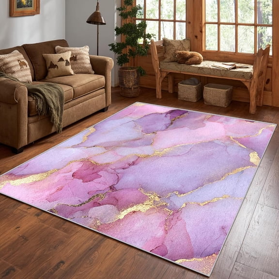 Pink Gold Crack Marble Area Rug, Foil Abstract Pattern Carpet, Washable Non Slip Low Pile Soft Thin, Living Room Bedroom Home Decor Mat 4x5ft