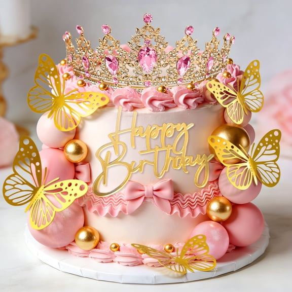 Pink Gold Crown Cake Decorations - Luxury Princess Party Decor Set 26PCS All-in-One Kit