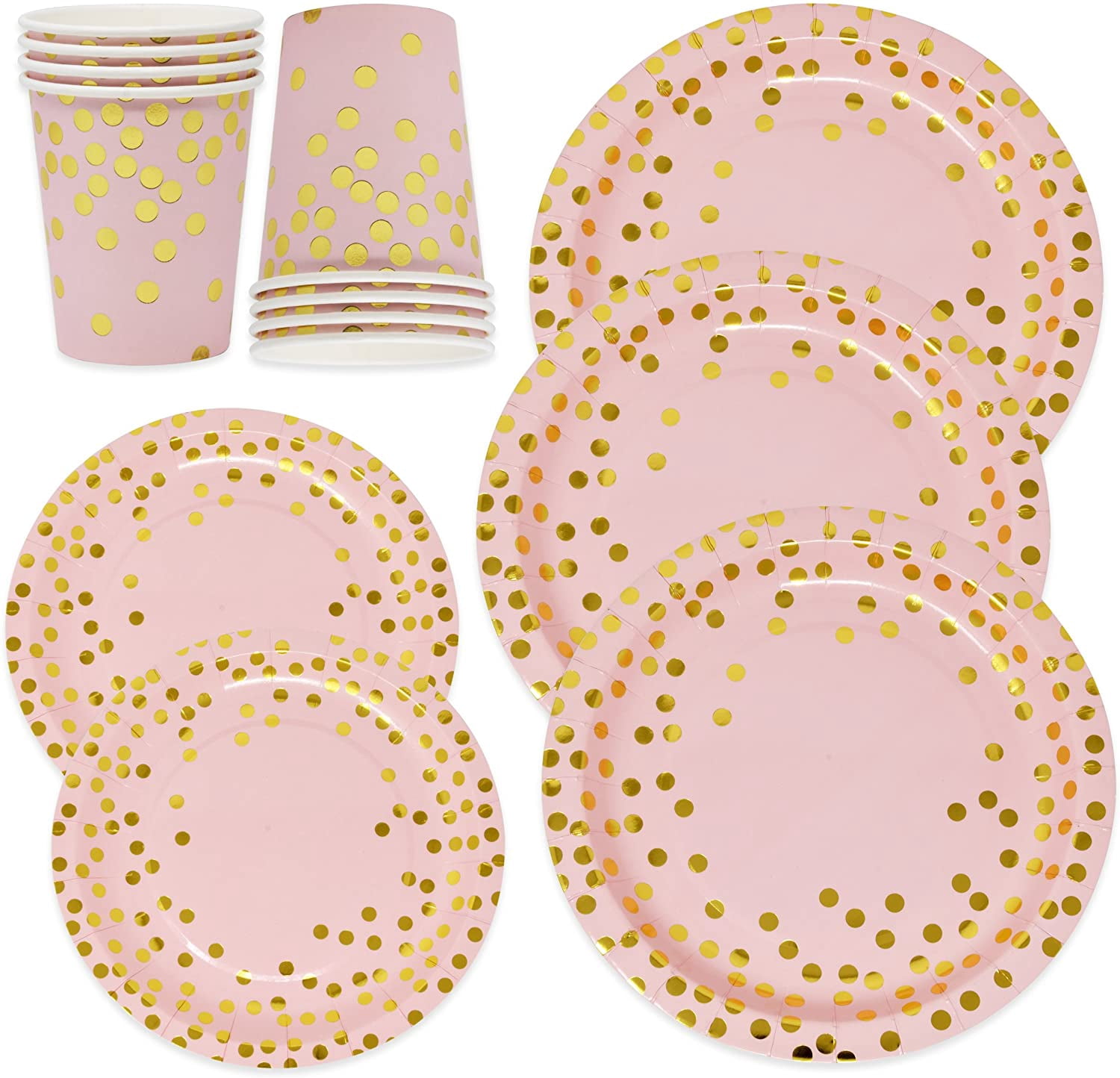 Pink and Gold Dot Party Supplies Set for 50 Guest Gold Metallic Foil Dots on Pink 50 9" Paper Dinner Plates 50 7" Dessert Plate 50 9 oz Cups for Baby Shower Birthday Disposable Dinnerware