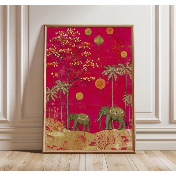 Pink Gold Elephant Floral Poster, Unframed Paper Poster 8x10in
