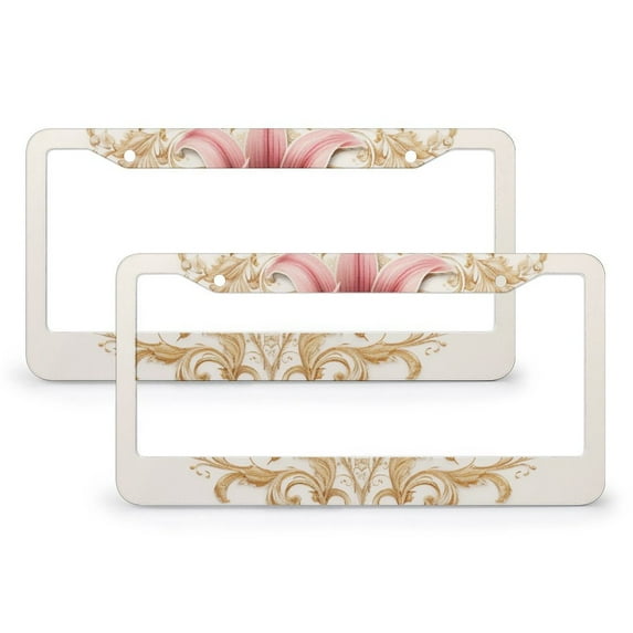 Pink And Gold Fleurdelis Flower License Plate Frames 2 Pack Personalized Initial Letter Customized Decor Car Tag Fits All Car 2 Round Holes Metal License Plate Frame