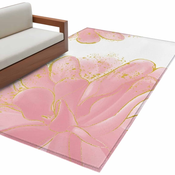 Pink Gold Flower Area&nbsp;Rug 2.7x5ft Pink Gradient Vintage Abstract Line Non-Slip&nbsp;Washable Square&nbsp;Rugs Soft Felt Indoor Floor Mat for Bedroom Kitchen Living Room Bathroom