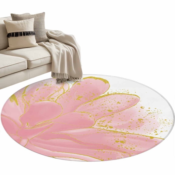 Pink Gold Flower Round Area Rug 3ft Pink Gradient Vintage Abstract Line Non-Slip Washable Circle Rugs Soft Felt Indoor Floor Mat for Bedroom Kitchen Living Room Bathroom