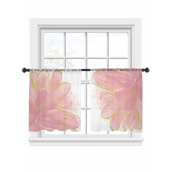 Pink Gold Flower Sheer Curtains for Living Room Bedroom, Light-filtering Sheer Curtain, Pink Gradient Vintage Abstract Line Light-Rod Pocket Voile Window Treatment Drapes, 52’’Wx45’’L, 2 Panels Set