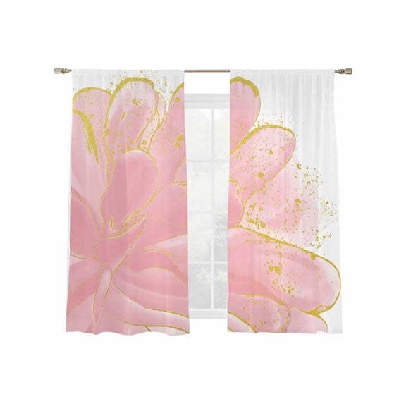 Pink Gold Flower Sheer Curtains for Living Room Bedroom, Light-filtering Sheer Curtain, Pink Gradient Vintage Abstract Line Rod Pocket Voile Window Treatment Drapes, 52’’Wx63’’L, 2 Panels Set