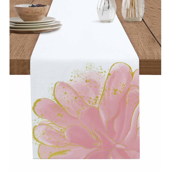 Pink Gold Flower Table Runners 108 Inches Long, Cotton Linen Fabric Table Runner Dresser Scarf, Abstract Farmhouse Modern Floral Tablerunner for Party/Kitchen/Dinner/Wedding Decor 13''x108''