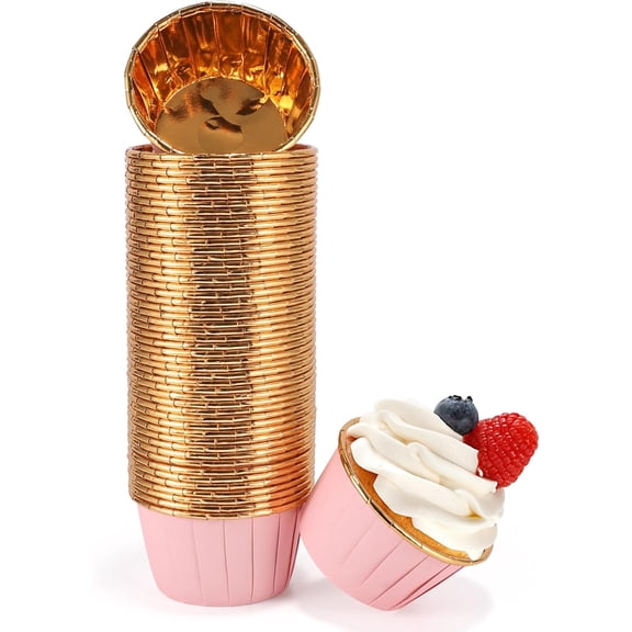 Pink and Gold Foil Cupcake Liners,100 pcs Disposable Muffin Liners 3.5 Oz Wrappers for Baking, Metallic Muffin Paper Cases Baking Cups Cupcake Liner for Wedding Party, Mother's Day