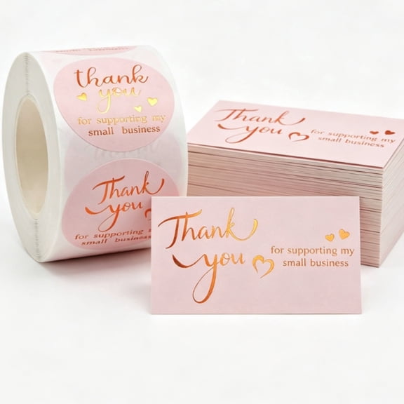 Pink Gold Foil Small Business Thank You Kit, 1 Roll Support Stickers + 100 Thank You Cards for Mailers Gift Packaging