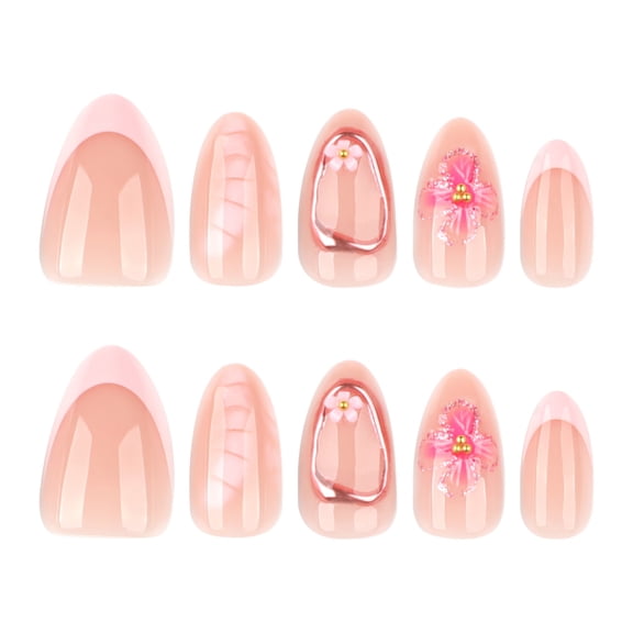 Pink Gold French Tip Floral Metal Bead Press on Nails Stiletto Fake Nails Full Cover Adhesive Press Ons Glossy Metallic Acrylic False Nails Nail Tips DIY Manicure for Women Girls 24 Pcs