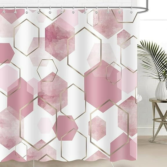 Pink And Gold Geometric Shower Curtain, Modern Abstract Boho Aesthetic Art Bathroom Curtains Decor Set, Waterproof Polyester Fabric Bath Curtain With Hooks 36"W x 72"L
