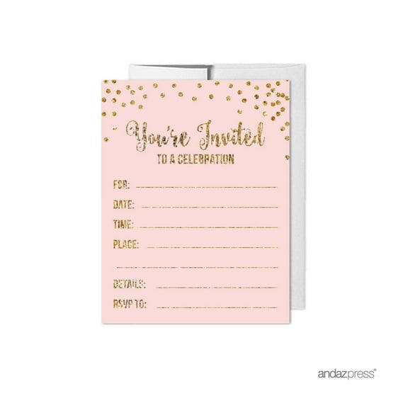 Pink Gold Glitter 1st Birthday Blank Party Invitations with Envelopes, 20-Pack