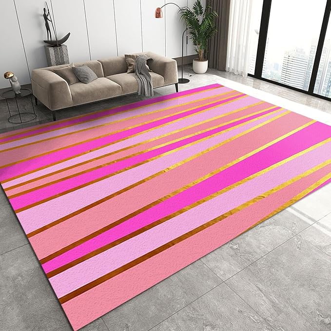 Pink Gradient Line Girls Rug, Modern Minimalist Golden Stripes Indoor ...