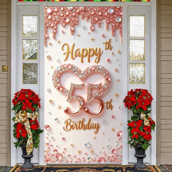 Pink Gold Happy 55th Birthday Banner  Studded 55th Birthday Display Heart Shaped Sparkling Luxury Birthday Banner for 55th Birthday Party Luxury Celebration Women's Birthday