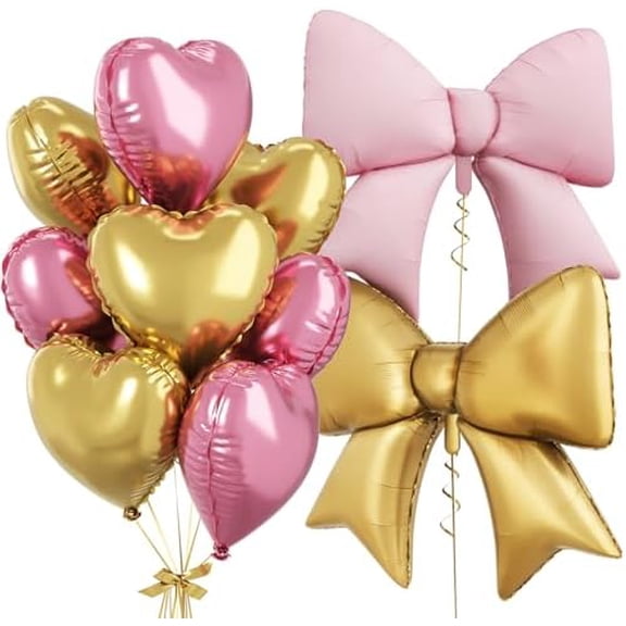 Pink Gold Heart Balloons, Foil Bow Balloons, 10Pcs 18 Inch Heart Shaped Balloon and 38 Inch Helium Gold and Pink Bow Foil Balloon for Girl Birthday Valentines Baby Shower Wedding Anniversary Decor