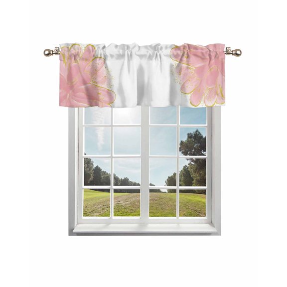 Pink Gold Kitchen Curtain Valances for Windows Farmhouse Short Curtains, Boho Modern Abstract Minimalist Aesthetic Flower Rod Pocket Valance Curtain for Bedroom Cafe Living Room 54"x18"