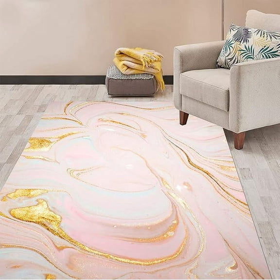 Pink Gold Liquid Abstract Modern Area Rugs Marble Pattern Girls Playroom Living Room Carpet Indoor Lux Bedroom Dining Room Soft Rug Art Deco Home Office Floor Rug Runner 4 x 5ft