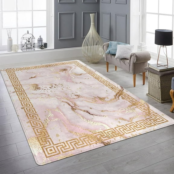Pink Gold Marble Area Rug Abstract Modern Golden Retro Border Marble Pattern Rugs Carpet Non-Slip, Ideal For High Traffic Areas In Living Room, Bedroom 4x5ft