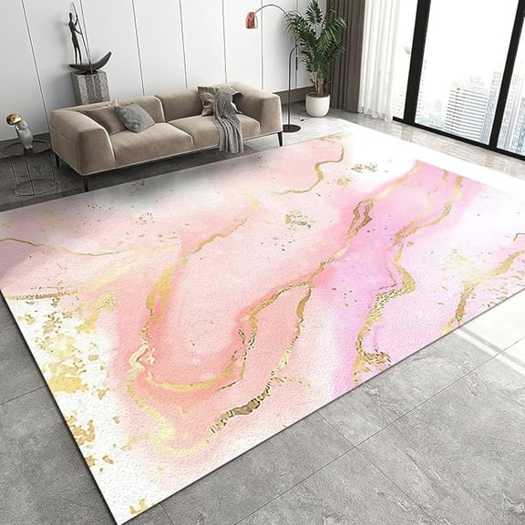 Pink Gold Marble Area Rug, Luxury Golden Texture Marble Non Slip Living Room Rug, Noise Reduction Machine Washable Carpet For Indoor Bedroom Office Decor Mat 1x2ft