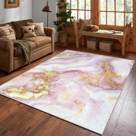 Pink Gold Marble Area Rug, Modern Abstract Pattern Carpet, Washable Non Slip Low Pile Soft Thin, Living Room Bedroom Dining Room Home Decor Mat 5x7ft