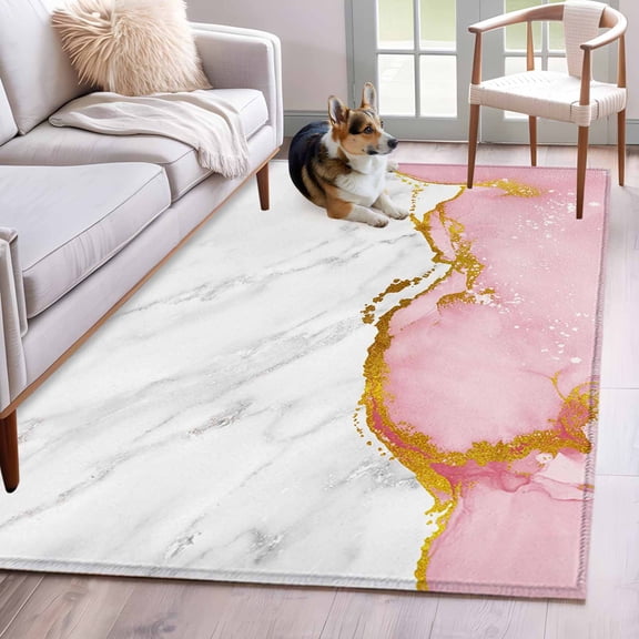 Pink Gold Marble Area Rugs 4x6 ft Abstract Wave Modern Luxury Washable Rug Non Slip Indoor Carpet Absorbent Floor Mat for Living Room Bedroom Dining Room