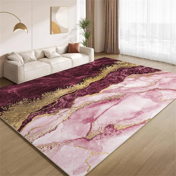 Pink Gold Marble Area Rugs Luxury Rose Gold Burgundy Art Decor Rugs Washable Breathable Indoor Carpet for Living Room Bedroom Office Entrance Foyer Front Floor Mat 5x7ft