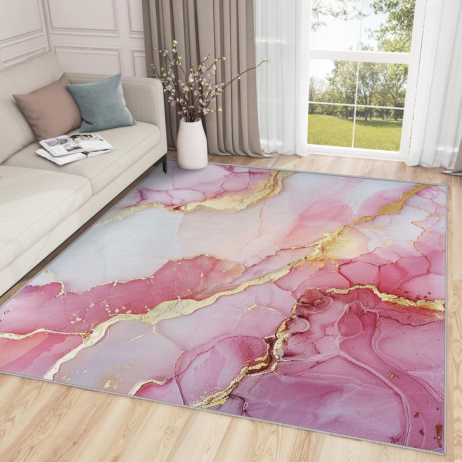 Pink Gold Marble Area Rugs, Modern Abstract Luxury Carpet, Washable Non ...