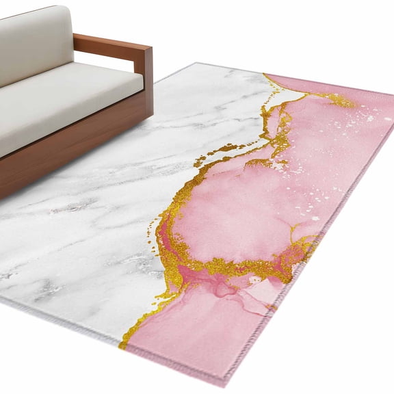 Pink Gold Marble Area&nbsp;Rug 2.7x5ft Abstract Wave Non-Slip&nbsp;Washable Square&nbsp;Rugs Soft Felt Indoor Floor Mat for Bedroom Kitchen Living Room Bathroom