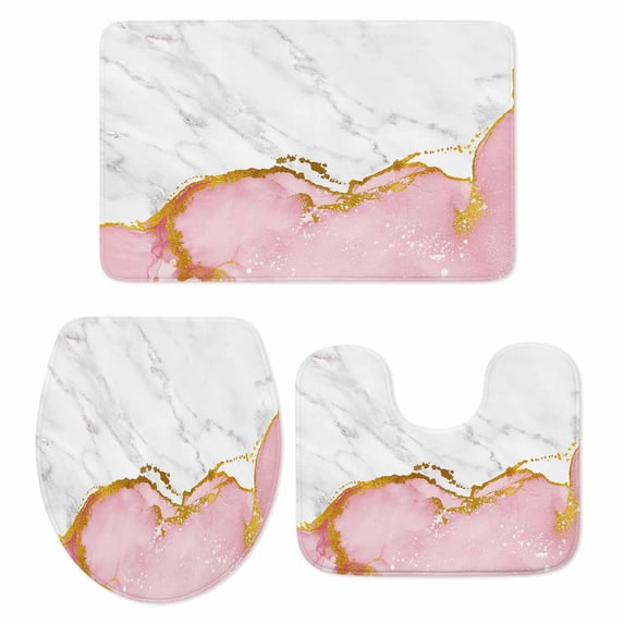 Pink Gold Marble Bath Mat 3 Piece Bathroom Rug Set, Modern Abstract Marble Crack Texture Non Slip Bath Rug Contour Mat and Toilet Lid Cover, Absorbent Shower Mats Soft Bath Rugs and Mats Sets