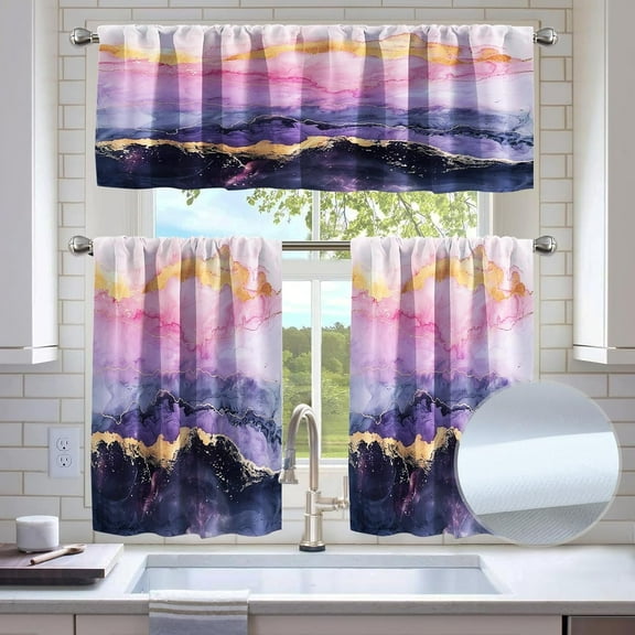 Pink Gold Marble Blackout Kitchen Window Tier Curtains and Valance Set, 36 Inch Window Curtains Set with Rod Pocket, Abstract Art Curtains Set for Small Windows, Living Room or Bathroom