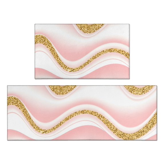 Pink and Gold Marble Pattern Anti Fatigue Kitchen Rugs Set Of 2, Non Slip Washable Decorative Floor Mats for Kitchen Sink Laundry, 17"x30" and 17"x47"