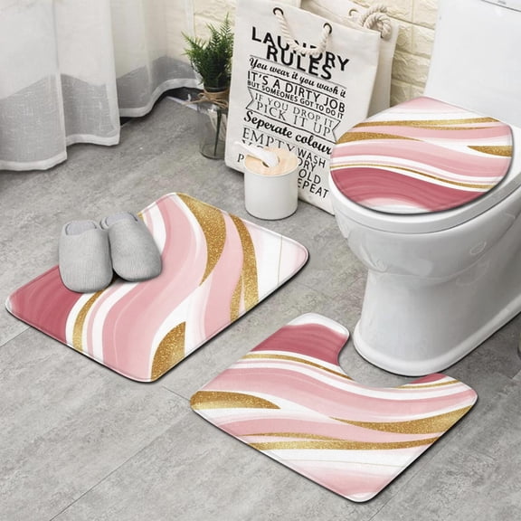 Pink Gold Marble Pattern Bathroom Rugs Sets 3 Piece,Toilet Cover Set,Absorbent Non Slip Bathroom Mats Sets with U-Shaped Contour Rug Toilet Rug Set