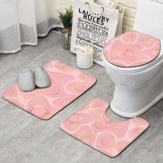Pink Gold Marble Pattern Bathroom Rugs Sets 3 Piece,Toilet Cover Set,Absorbent Non Slip Bathroom Mats Sets with U-Shaped Contour Rug Toilet Rug Set