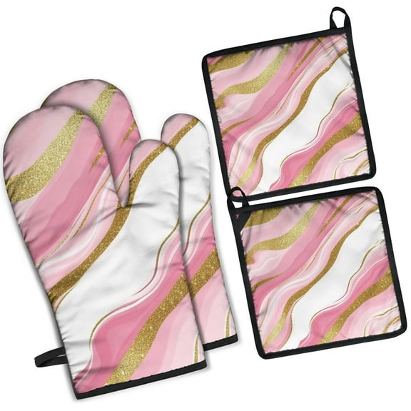 Pink Gold Marble Pattern Kitchen Oven Mitt and Pot Holder Sets 2 Pcs for Baking, Cooking and Grilling, Heat Resistant Up To 392 °F