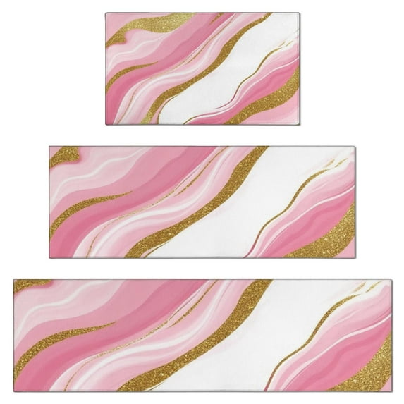 Pink Gold Marble Pattern Kitchen Rugs Sets Of 3,Kitchen Runner Rugs Non Skid Washable,Decorative Kitchen Floor Mats for Kitchen,Sink,Laundry,17"x30"+ 17"x47" + 17"x59"