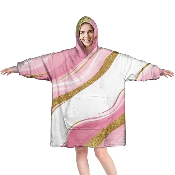 Pink Gold Marble Pattern Wearable Oversized Blanket,Wearable Blanket Hoodie for Adults,Cozy Hooded Blankets with Super Pockets,Super Warm Fuzzy Pullover for Women & Men