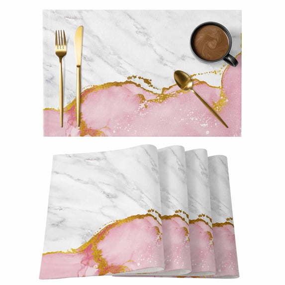 Pink Gold Marble Placemats Set of 4, Modern Abstract Marble Crack Texture Placemats for Dining Table, Place Mats for Kitchen Tabletop, Waterproof Wipeable Dining Table Mats Set
