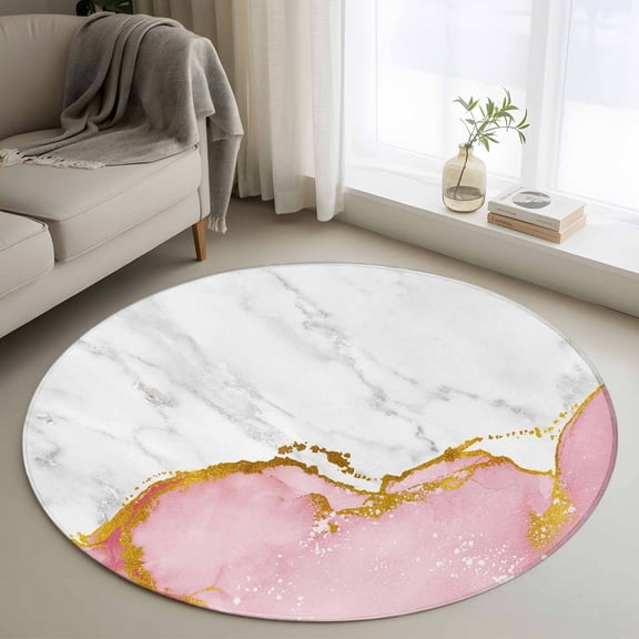 Pink Gold Marble Round Area Rugs 3 ft, Abstract Wave Washable Small Area Rug with Non-Slip Sturdy Edge Binding Round Front Door Mat Floor Carpet for Entryway