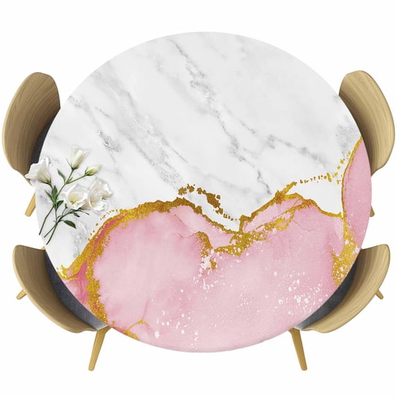 Pink Gold Marble Round Tablecloth, Fitted Table Cover with Elastic for 45"-54" Round Tables, Modern Abstract Marble Crack Texture Table Cloth Outdoor Indoor Dinning Party Waterproof Tablecloths
