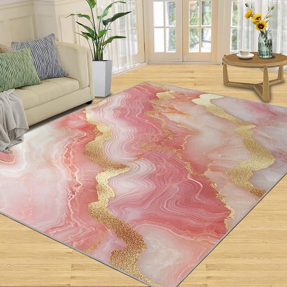 Pink Gold Marble Rugs for Bedroom, Luxury Stone Pattern Washable Rug, Indoor Fluid Texture Carpet, Rugs for Living Room, Elegant Abstract Area Rug Non Slip & Low-Pile 3 x 5ft