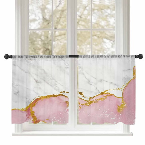 Pink Gold Marble Sheer Curtains 54 inches Long, Abstract Wave Modern Luxury Light Filtering Sheer Window Curtains Rod Pocket Voile Drapes for Bedroom Living Room, 52"W x 54"L 2 Panels