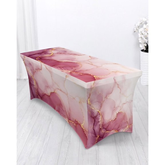 Pink Gold Marble Spandex Tablecloth 4ft Abstract Gradient Stone Crack Texture Modern Elastic Fitted Cloth for Rectangle Table Washable Wrinkle Proof Stretch Table Cover for Wedding Party Banquet
