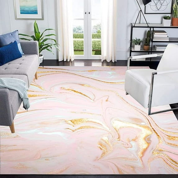 Pink And Gold Marble Swirl Area Rug, Modern Abstract Living Room Rugs, Non Slip Machine Washable Easy Care Carpet For Indoor Bedroom Study Apartment Home Decor 2 x 3ft