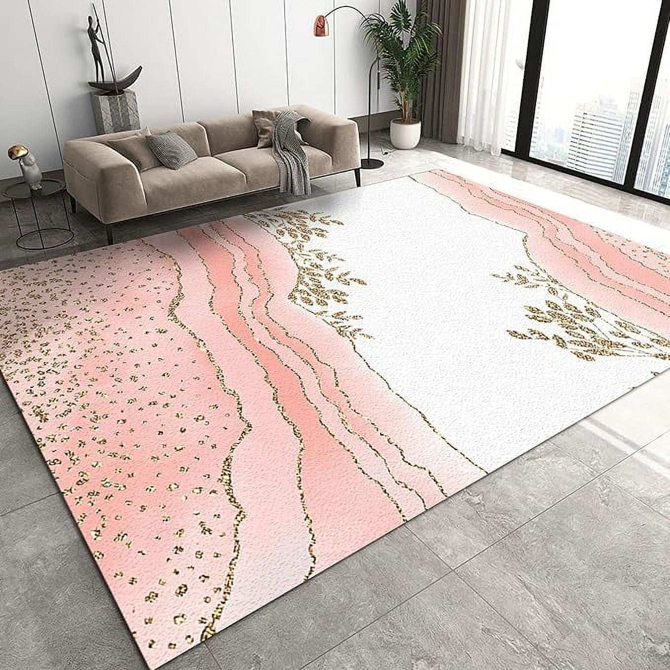 Pink Gold Marble Texture Area Rug, Vintage Leaves Light Luxurious ...