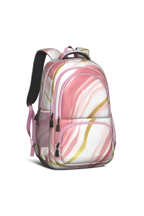 Pink and Gold Marble Texture Backpack for School,Cute School Bag,Schoolbag with Adjustable Shoulder Straps & Padded Back,16.9 Inch