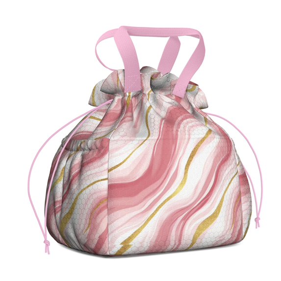 Pink and Gold Marble Texture Drawstring Lunch Bag Women - Drawstring Lunch Bag Insulated for Work Office - Stain-Resistant Large Lunchbags for Women with Multi-Pockets