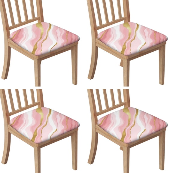 Pink and Gold Marble Texture Seat Covers for Dining Room Chairs Set Of 4,Stretch Printed Washable Chair Seat Cover with Elastic Ties and Button,Removable Waterproof Couch Cushion Covers