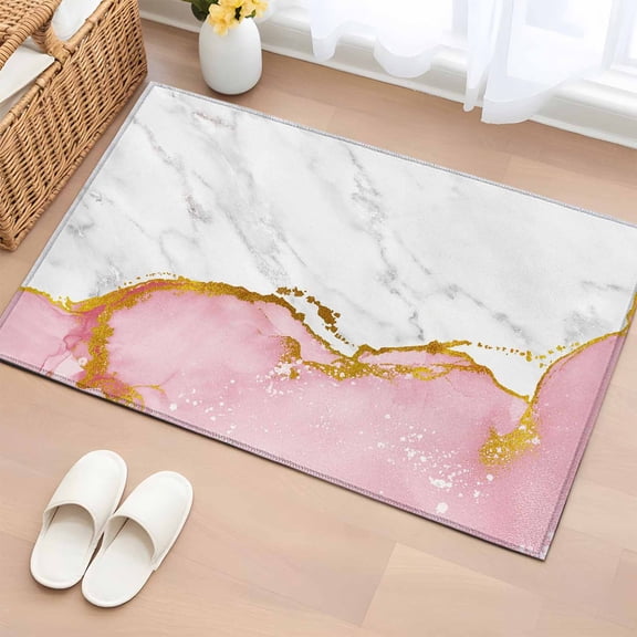 Pink Gold Marble Washable Small Entryway Area Rugs 2'x3', Abstract Wave Low Pile Throw Rug Non-Slip Sturdy Edge Binding Carpet for Front Door Floor Room Entry