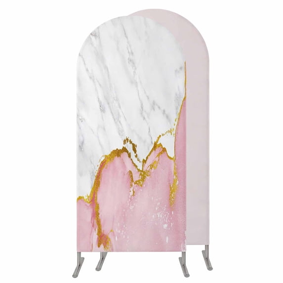 Pink Gold Marble Wedding Arch Cover,Stretchy Spandex Arch Backdrop Stand Covers 4 FT,Modern Abstract Marble Crack Texture Round Top Arched Backdrop Cover for Birthday Party Ceremony Baby Shower Event